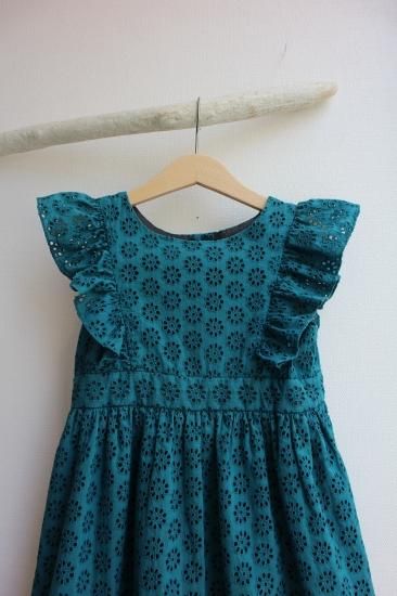 Bonpoint ボンポワン ブルーグリーン カットワークレース ワンピース Size6