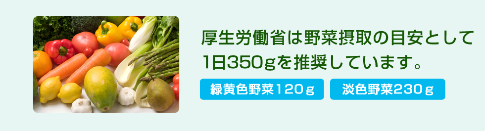 厚生労働省は野菜摂取の目安として1日350gを推奨しています。（緑黄色野菜120g、淡色野菜230g）