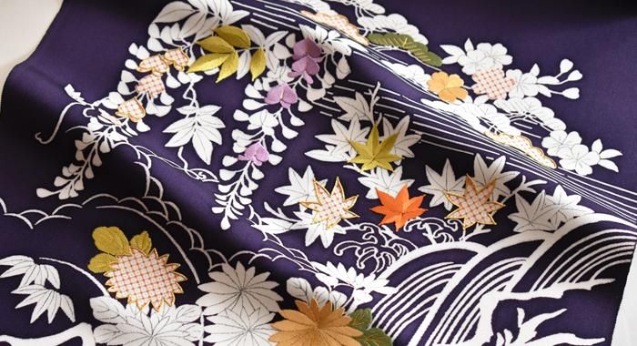京友禅 九寸名古屋帯(深紫色・滝御所解き) | 商品紹介 | 染と織たかはし