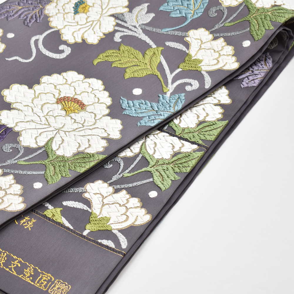 織文意匠鈴木 唐綾錦袋帯(大牡丹唐花文様・深紫)-染と織たかはし 織文意匠鈴木 唐綾錦袋帯(大牡丹唐花文様・深紫)-染と織たかはし