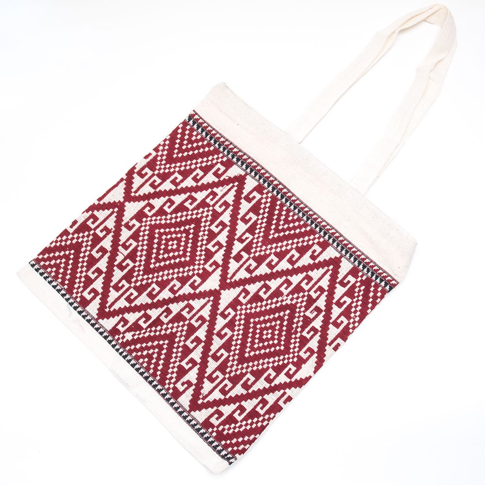 ラオ族手織り布のトートバッグ （ファスナータイプ）