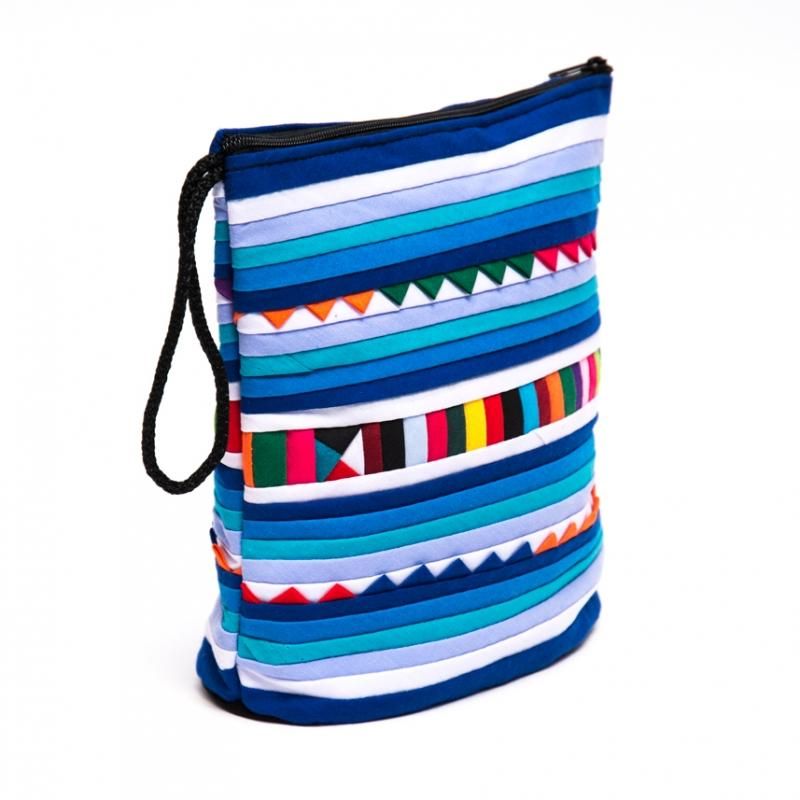 リス族刺繍のマチ付きカラフルポーチ S-size（ブルー）Type.2｜民族