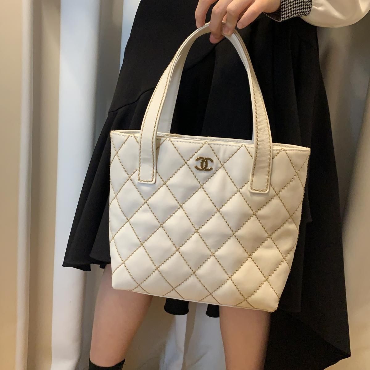 CHANEL シャネル ワイルドステッチ ココマーク レザー トート ハンドバッグ 白 2003～2004年代 LAYER VINTAGE