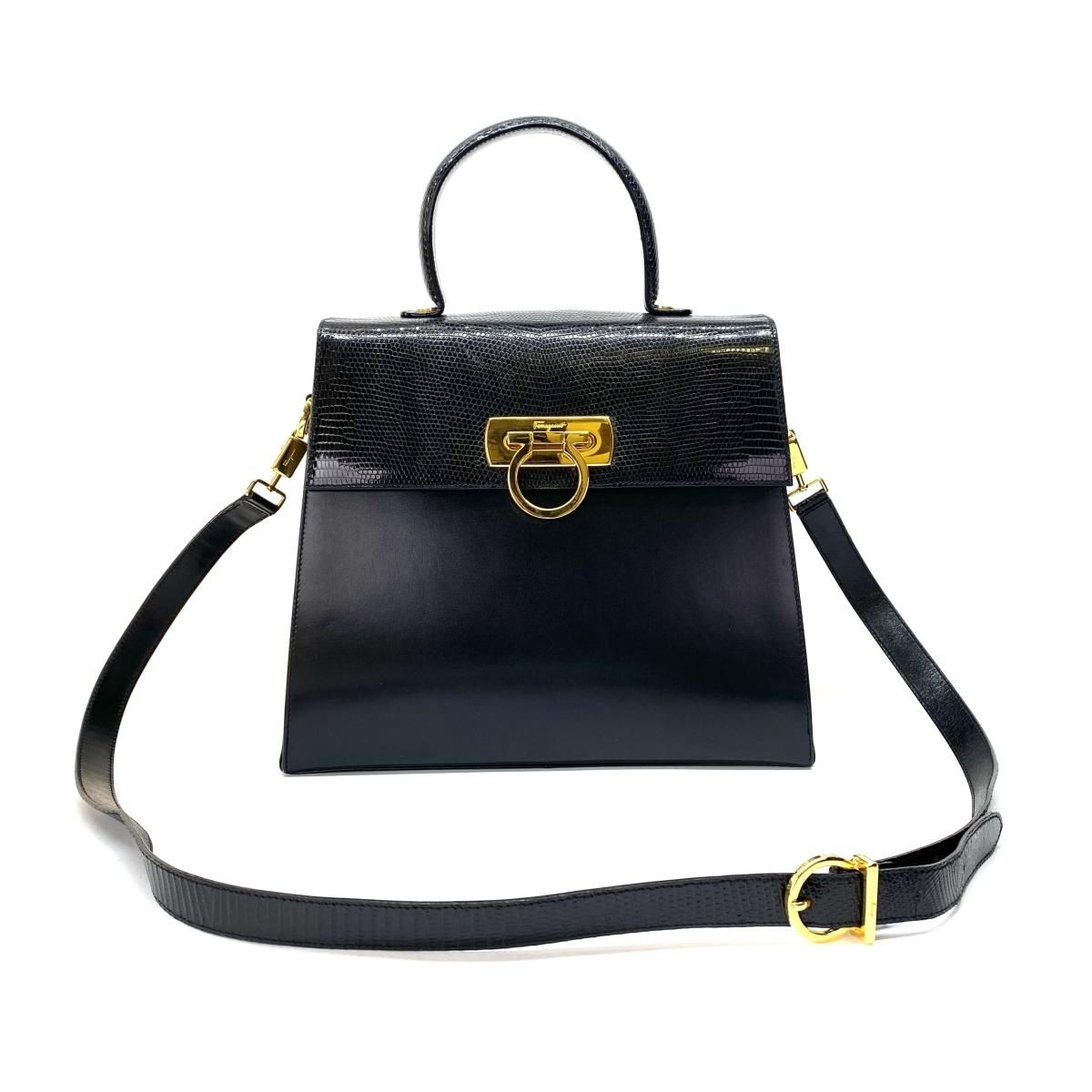 サルヴァトーレフェラガモ 2way ブラック リザード型押し ガンチーニ ショルダーバッグ Salvatore Ferragamo Gancini  shoulder Bag/ 23020813 - LAYER VINTAGE