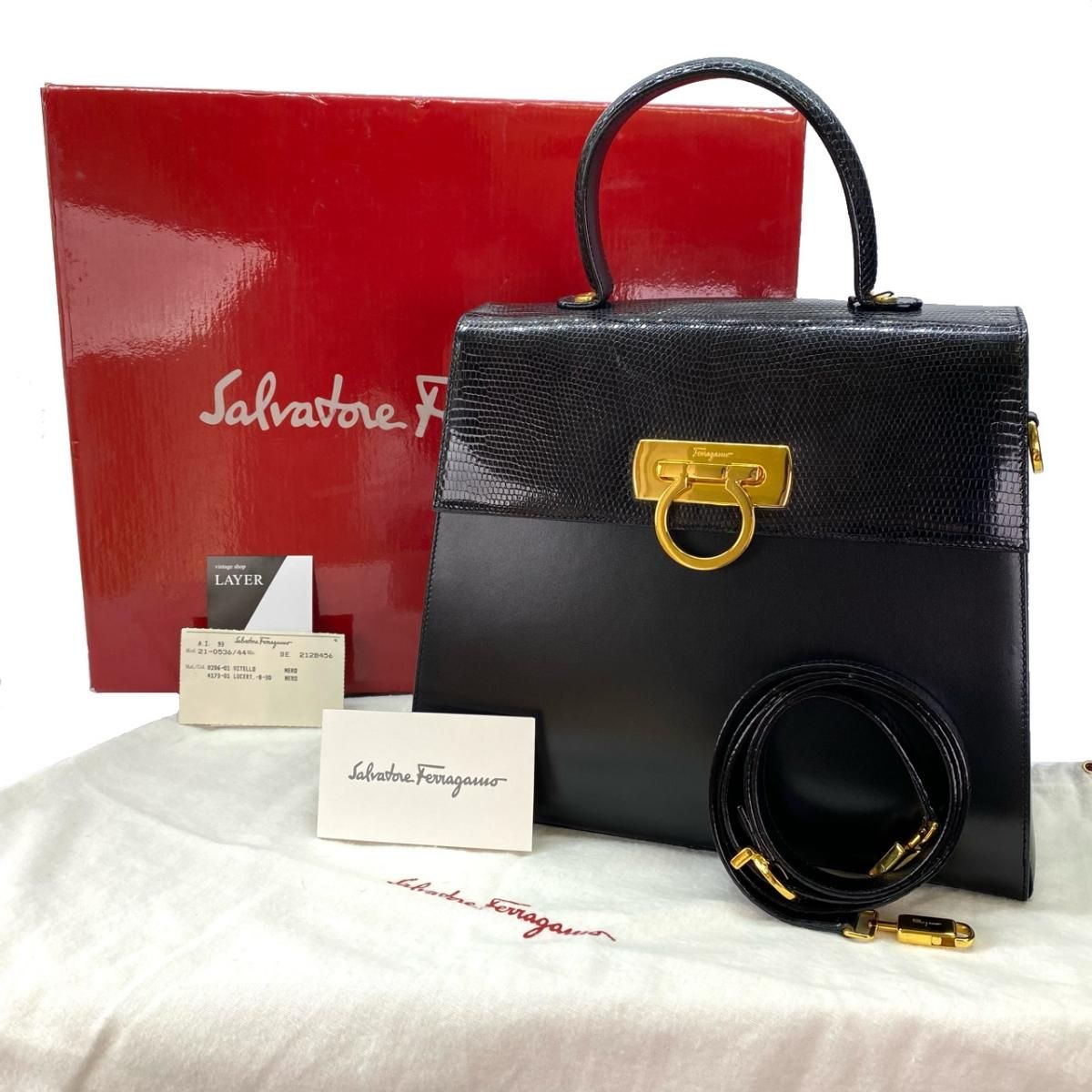 サルヴァトーレフェラガモ 2way ブラック リザード型押し ガンチーニ ショルダーバッグ Salvatore Ferragamo Gancini  shoulder Bag/ 23020813 - LAYER VINTAGE