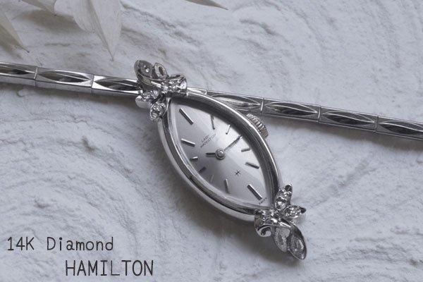 HAMILTON ダイヤモンド手巻き時計 稼動品 ケース&ベルト共に14金無垢 ハミルトン アンティーク 14K金無垢 ダイヤ 手巻きレディース