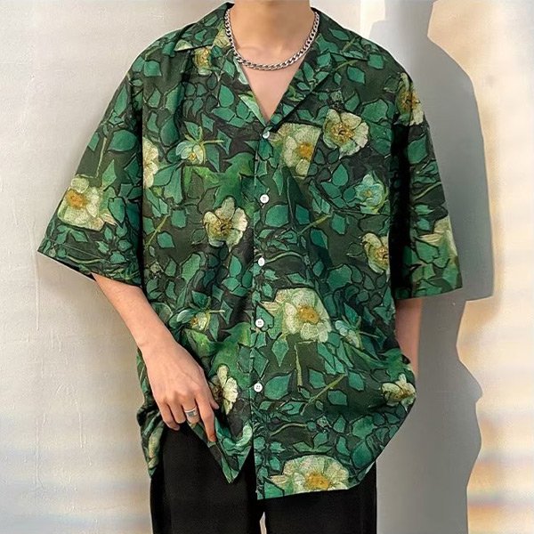 【即納あり】Greenボタニカルオープンカラーシャツ