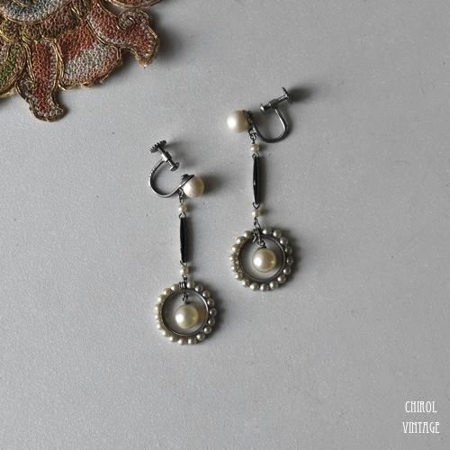 アールデコ パールフープxエナメルドロップイヤリング
