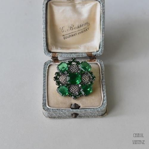 ミントグリーンビジュー シルバーメッシュブローチ