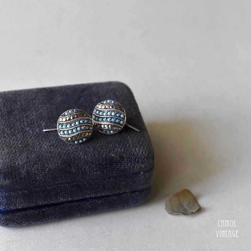 マーカサイトxターコイズグラス シルバーピアス