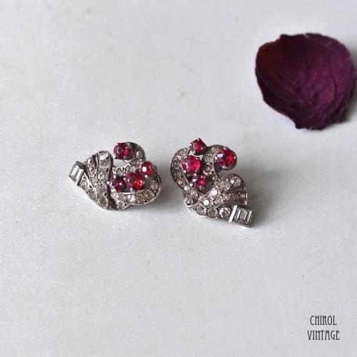 フランス クリアxルビーグラス シルバーイヤリング