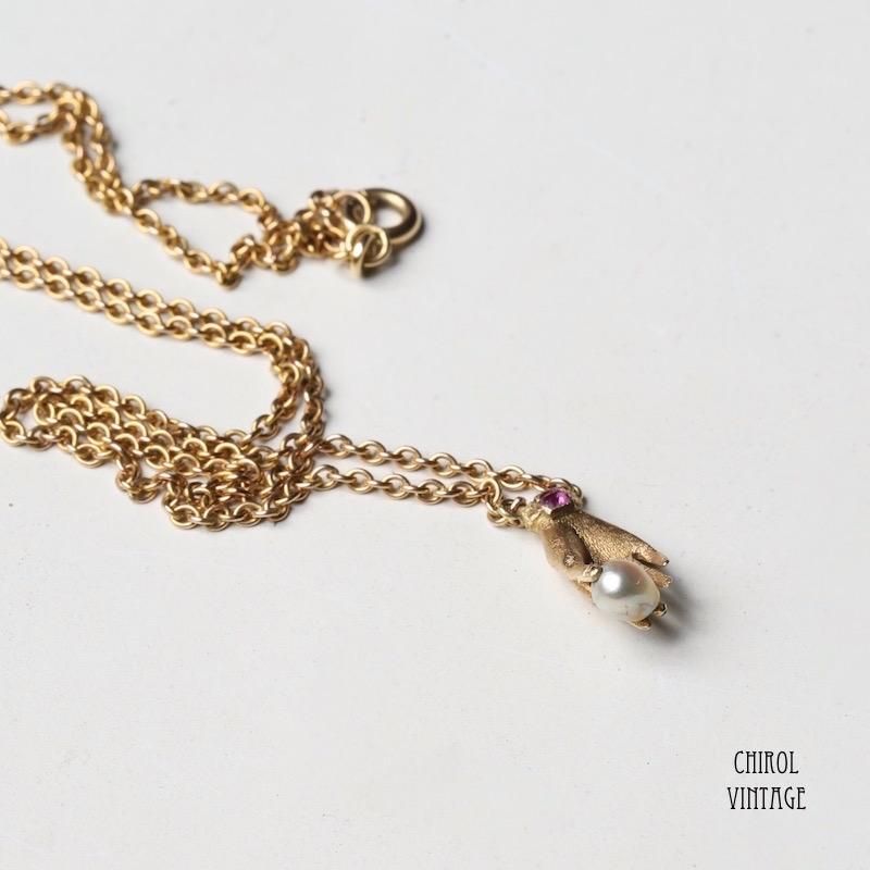 18Kゴールド リアルパールxルビー ハンドネックレス - CHIROL