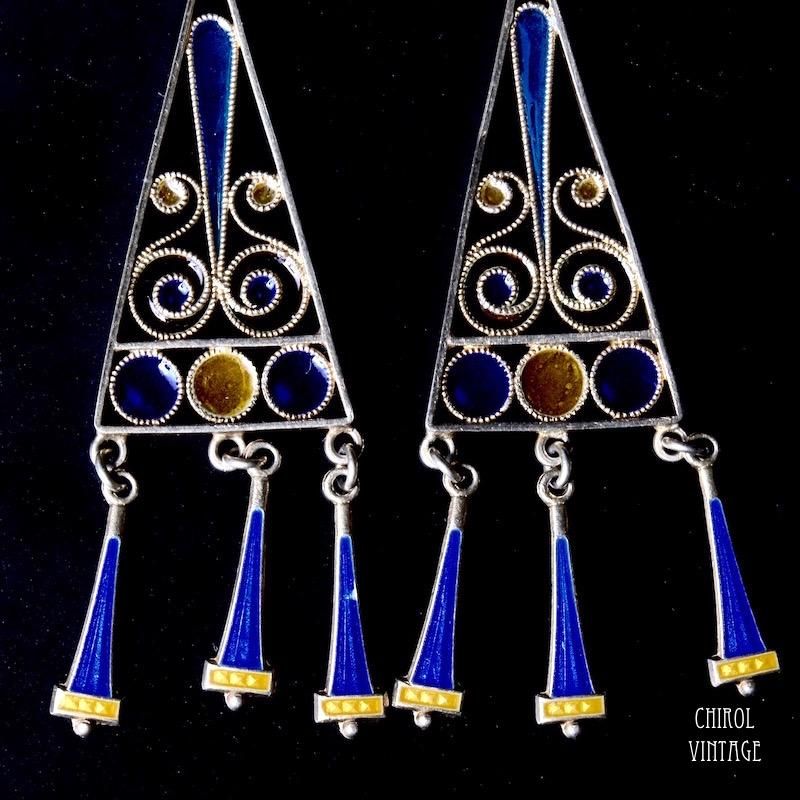 アンティーク 純銀製 プリカジュールエナメルのピアス アールヌーボー プリカジュール エナメル シルバーギルトイヤリング - CHIROL