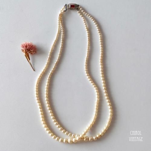 ダブルストランド パールネックレス ルビーxクリアグラスクラスプ