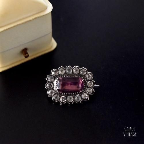 アンティーク パープルxクリアペースト シルバーブローチ