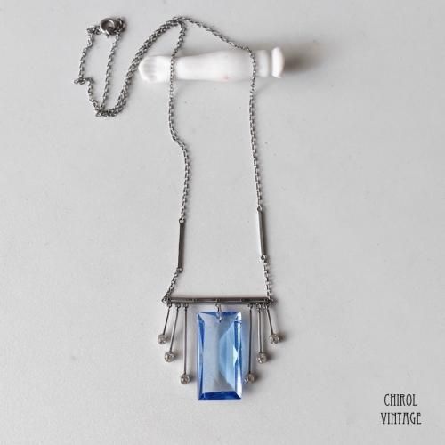 アールデコ ブルーグラスxクリアグラス フリンジネックレス