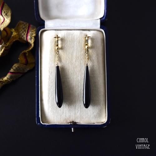 アンティーク 9Kゴールド オニキスペンダントドロップイヤリング