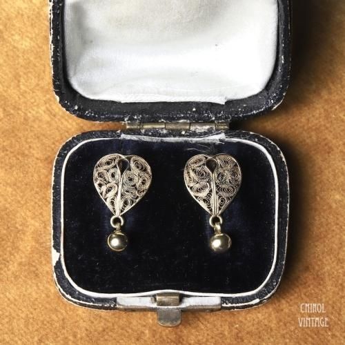 アンティーク 15Kゴールド ハートフィリグリーピアス