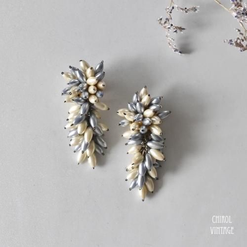 フランス ブルーxクリーム スパイキーパール クラスターイヤリング