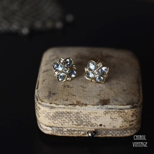 3月 // ヴィンテージ 9Kゴールド アクアマリンxダイアモンド スタッドピアス