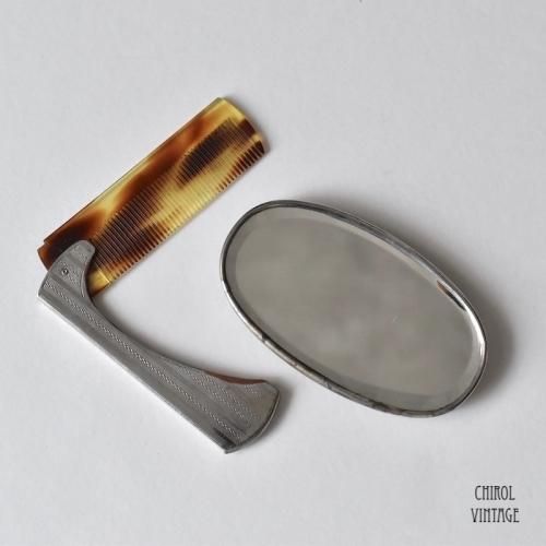 アンティーク エンボスメタル オーバルミラー&コーム