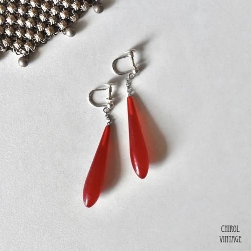 カーネリアンレッド樹脂 ペンダントドロップ シルバーイヤリング