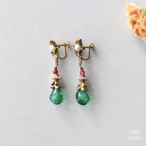 フランス グリーンプアードグラスドロップイヤリング