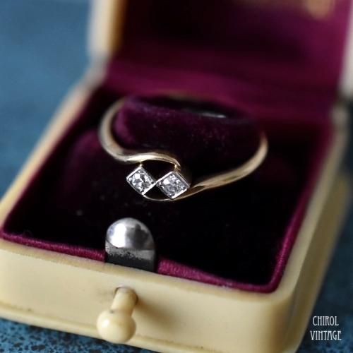 アンティーク 18Kゴールド ダイアモンド ツインスクエアリング