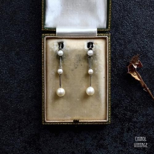 ヴィンテージ 9Kホワイトゴールド リアルパールドロップイヤリング