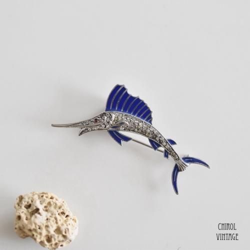 クリアグラスxブルーエナメル シルバーカジキブローチ