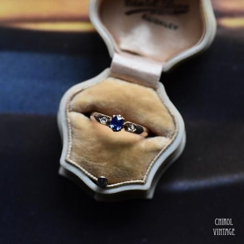 アンティーク 18Kゴールド ブルーサファイアxダイアモンドリング インクルージョン