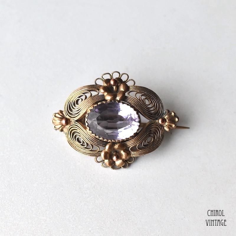アンティーク ギルトメタル フィリグリー アメジストブローチ - CHIROL
