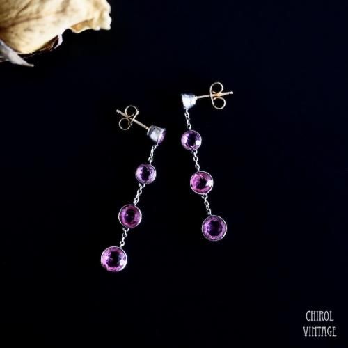 アンティーク ピンクグラス シルバーチェーンドロップピアス 9Kゴールドポスト