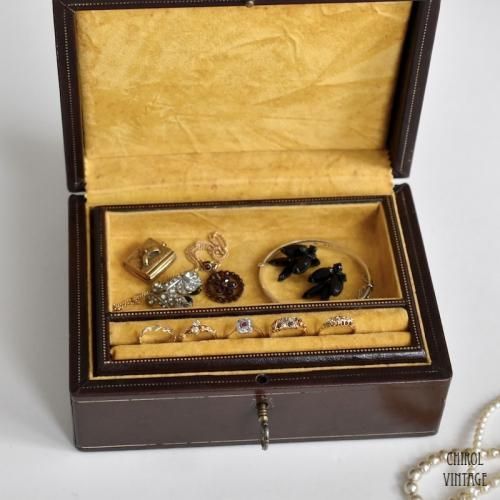 ヴィンテージ ブラウンレザー マスタードフェルト ジュエリーボックス