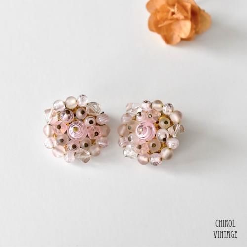 ペールピンクグラス クラスターイヤリング