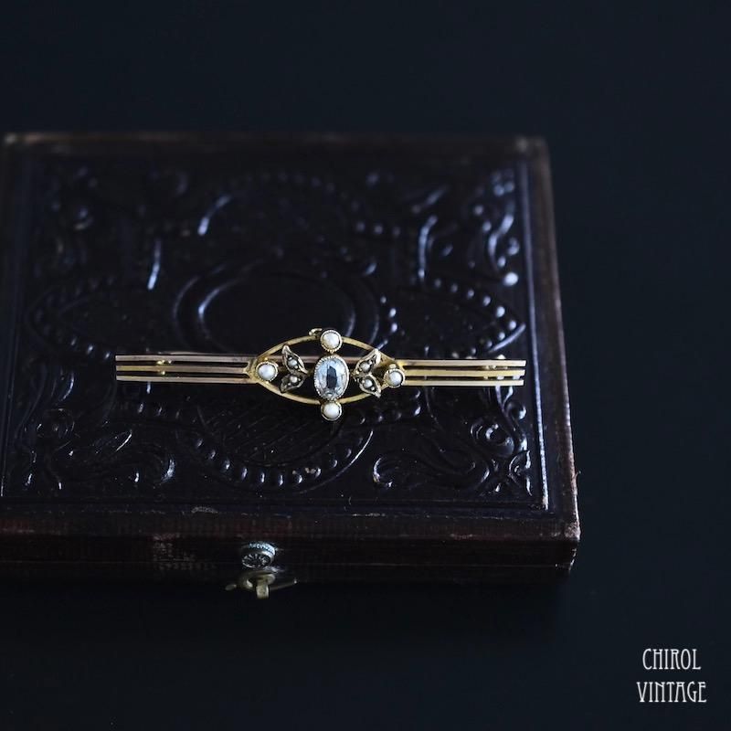 アンティーク 9Kゴールド アクアマリンxシードパール ゲートバーブローチ