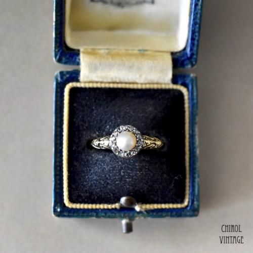 アンティーク 18Kゴールド パールxダイアモンドクラスターリング