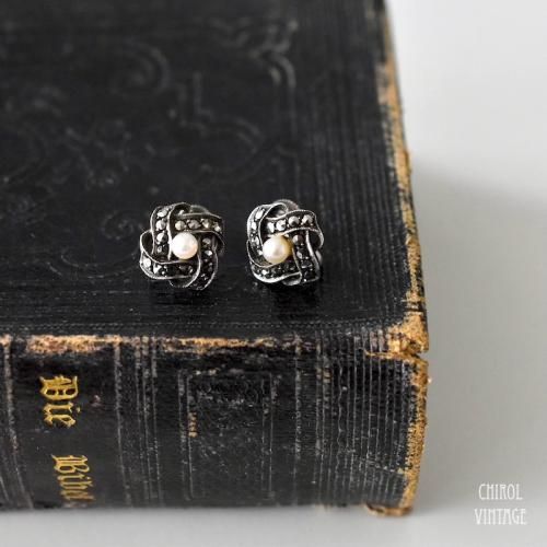 リアルパールxマーカサイト シルバー リボンイヤリング