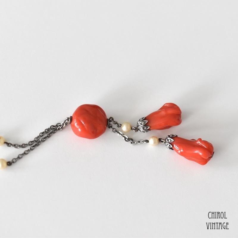 コーラルレッドグラス ネグリジェネックレス - CHIROL VINTAGE