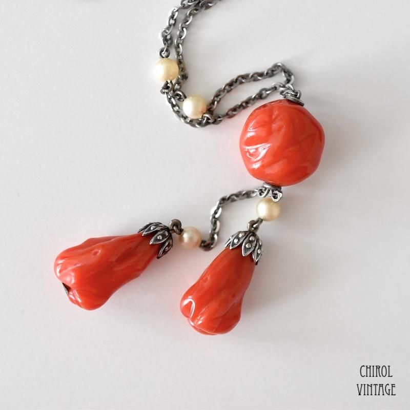 コーラルレッドグラス ネグリジェネックレス - CHIROL VINTAGE