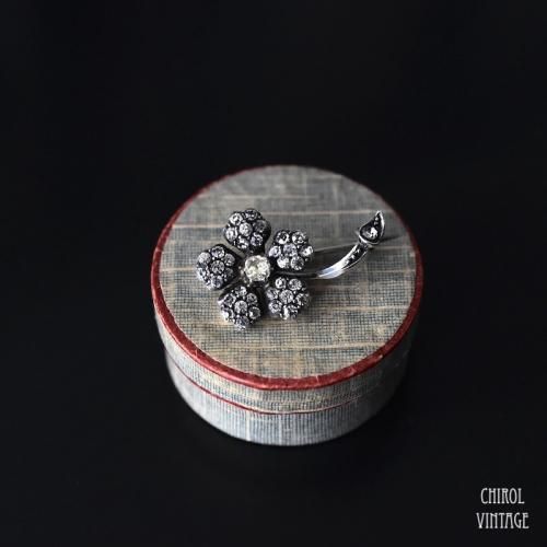 アンティーク フランス クリアペースト シルバー フラワーブローチ