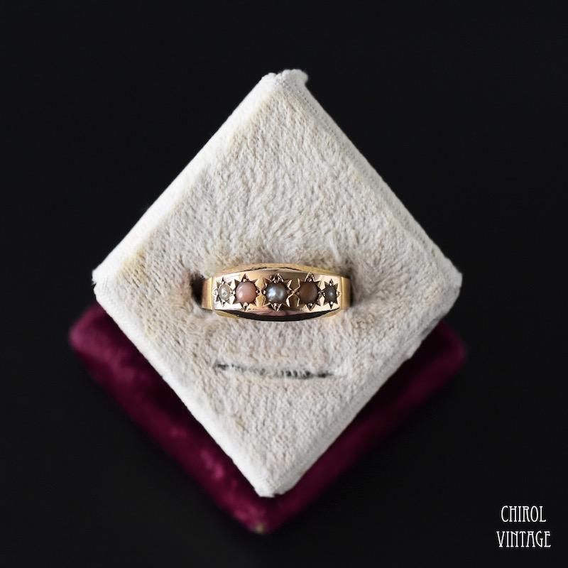 アンティーク 15Kゴールド パールxコーラル ジプシーリング