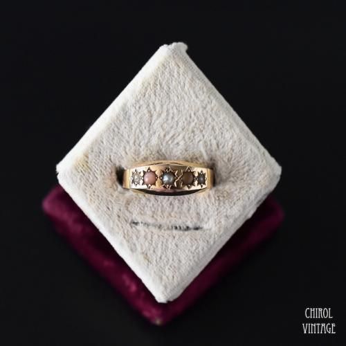 アンティーク 15Kゴールド パールxコーラル ジプシーリング