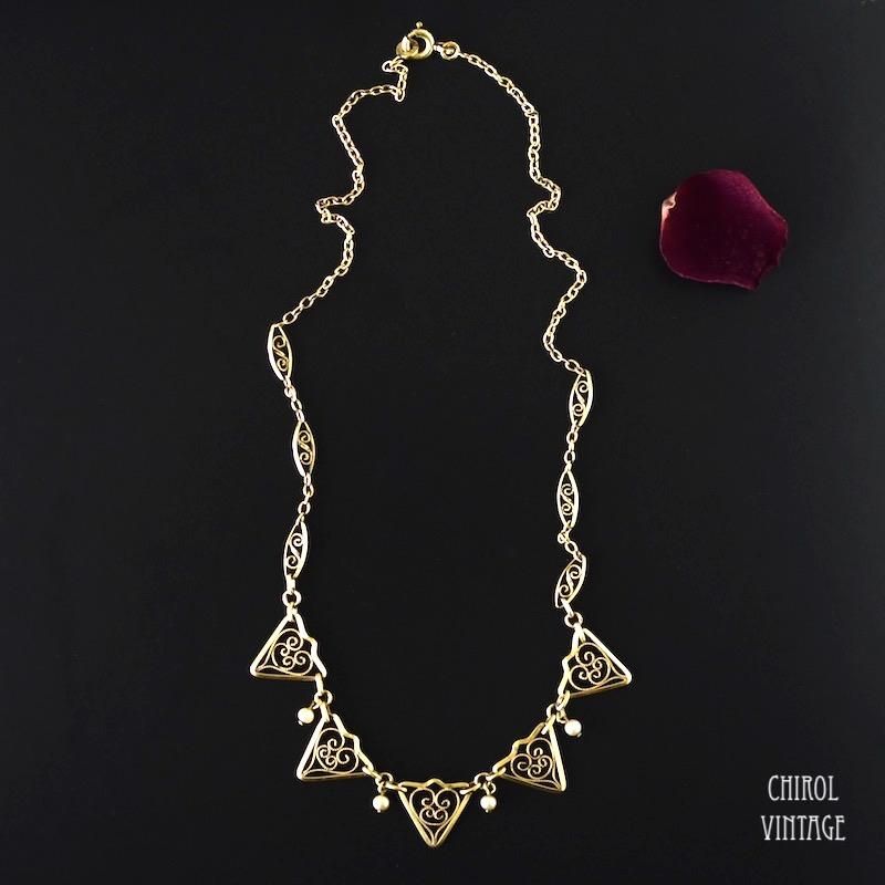 フランス ORIA 18Kゴールドプレート パールフリンジ フィリグリー