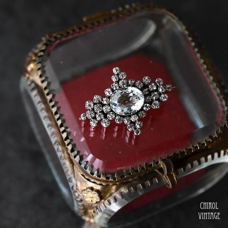 アンティーク アクアマリングラスxロククリスタル シルバーブローチ