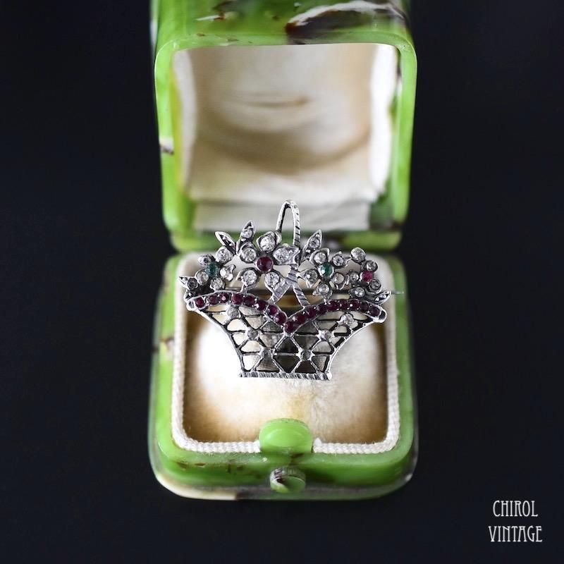 アンティーク レッドxグリーンxクリアグラス シルバー バスケットブローチ