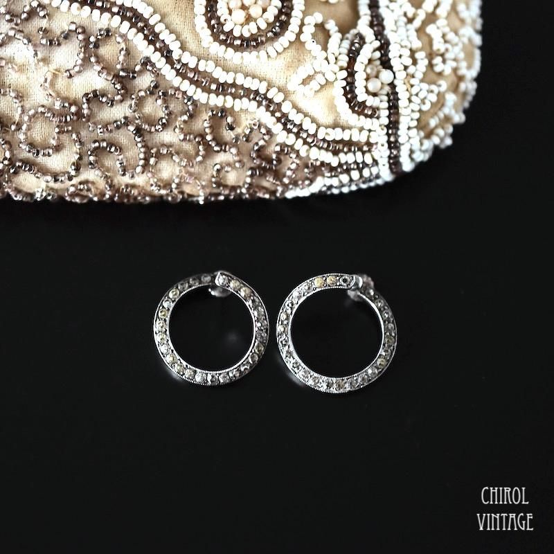 アンティーク クリアグラス シルバー ツイストフープイヤリング