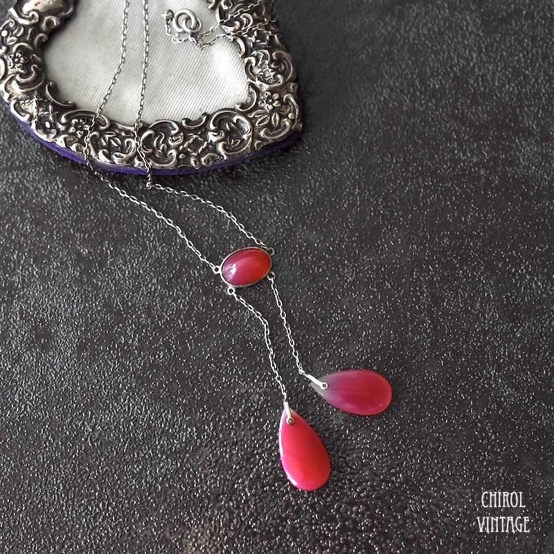 アンティーク ピンクカルセドニー シルバー ネグリジェネックレス