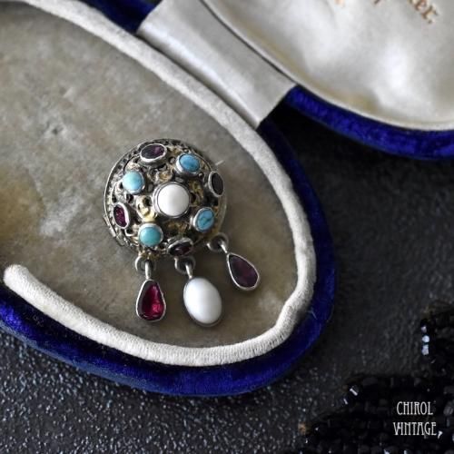 アンティーク オーストロハンガリアン シルバー ガーネットxターコイズxパールフリンジブローチ