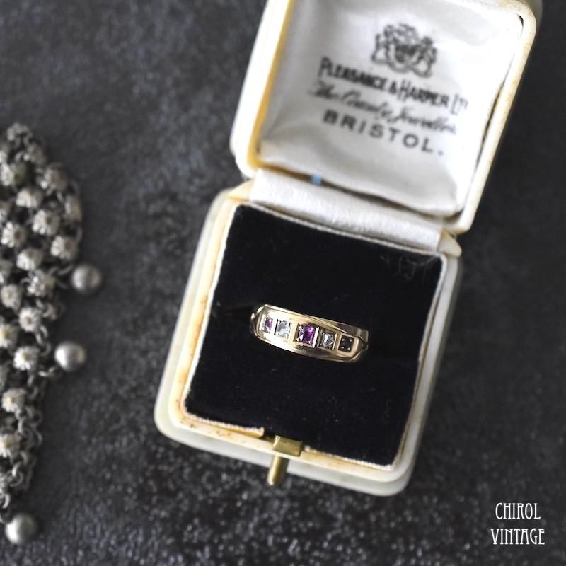 アンティーク 15Kゴールド ダイアモンドxルビー ジプシーリング ツイストシャンク